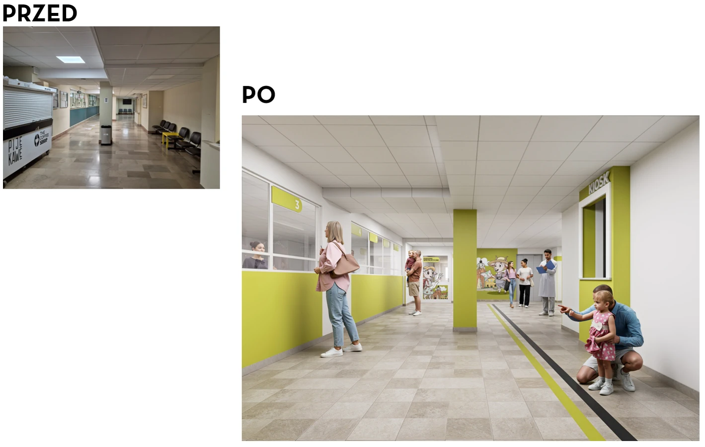 Przemiana strefy rejestracji na piętrze przez wayfinding w szpitalu.
