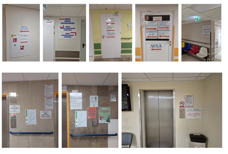 Chaotyczne stare tablice informacyjne a wayfinding w szpitalu. Przypadkowe ogłoszenia przy windach przed zmianą na wayfinding w szpitalu.
