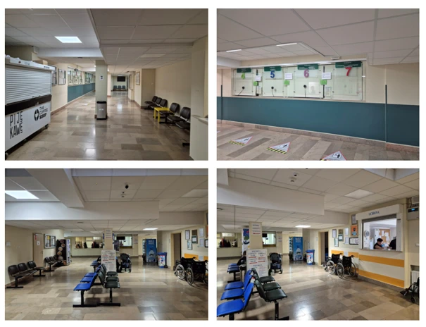 Dawny wygląd korytarzy i recepcji przed wdrożeniem opcji wayfinding w szpitalu. Smutne korytarze, które odmienił nowoczesny wayfinding w szpitalu.