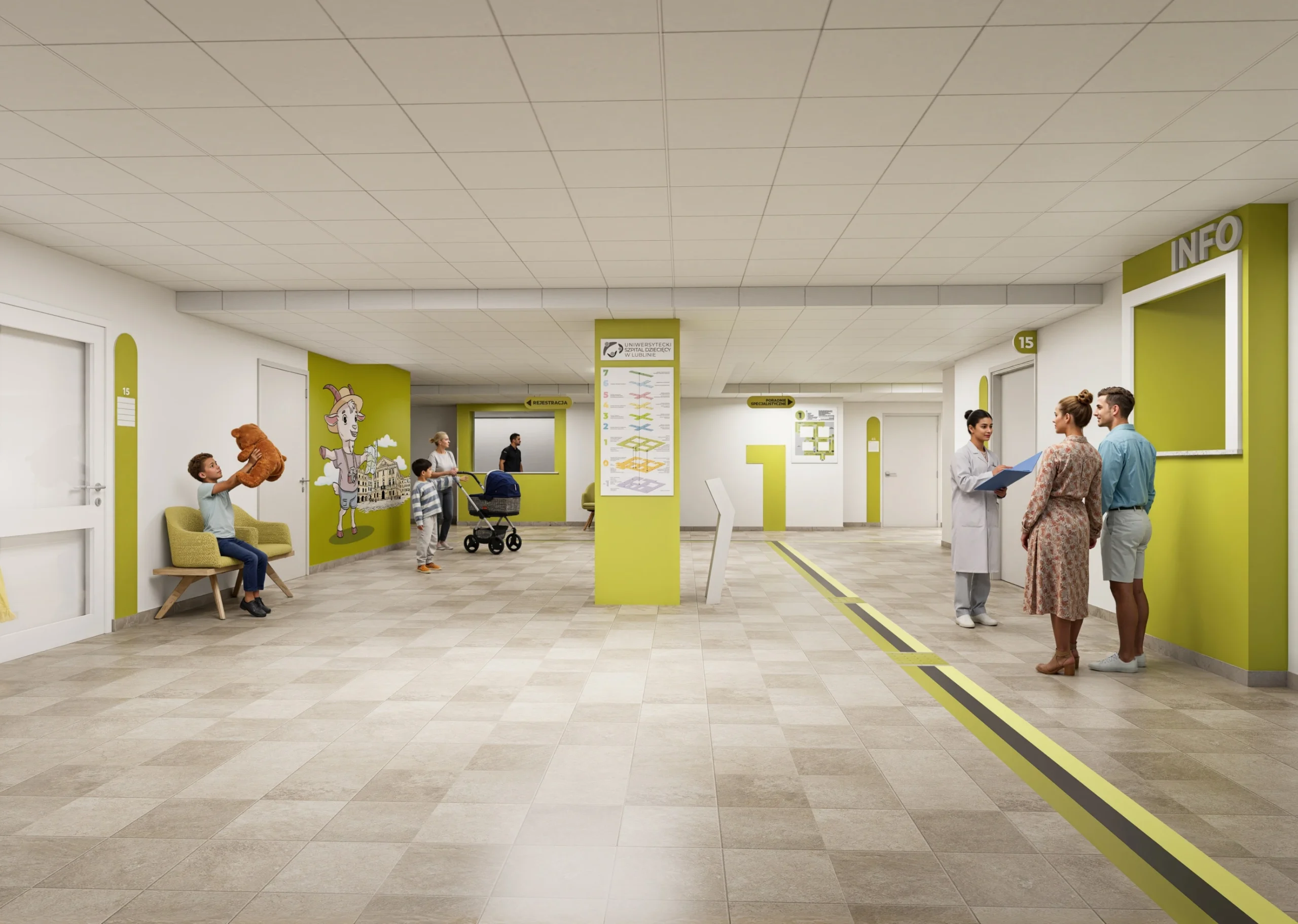 Zielony hol główny i nowoczesny wayfinding w szpitalu dziecięcym.